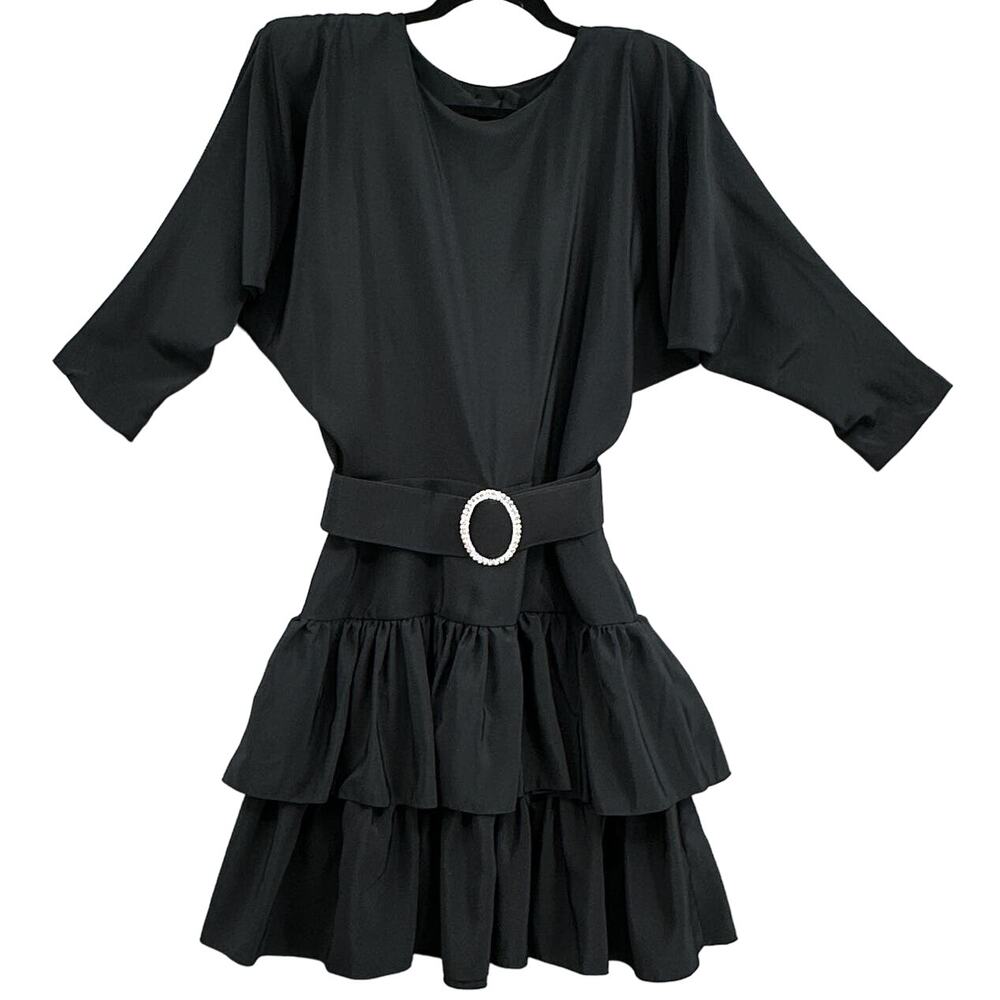 VTG 80s Black Tiered Ruffle Party Dress Rhinestone Belt 13/14 Dolman Witchy USA